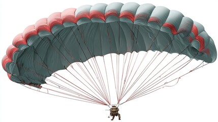 A deployed parachute with gray and red canopy, suspension lines leading to a person below, aerial view
