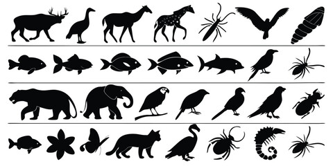 Naklejka premium Black silhouette illustrations depicting an array of diverse animals including mammals birds fish insects and aquatic creatures.