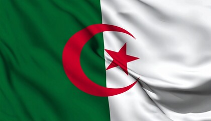 Waving Flag of Algeria - Green, White, Crescent & Star of North Africa