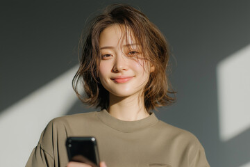 Smiling young woman holding smartphone in natural light