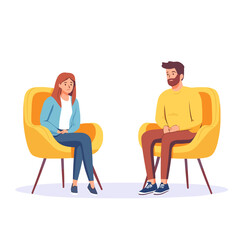 Woman psychologist. Couple flat man woman sitting on chairs. Psychotherapy session or psychological consultation. Sad frustrated guy vector. Psychologist woman, psychiatrist and patient illustration