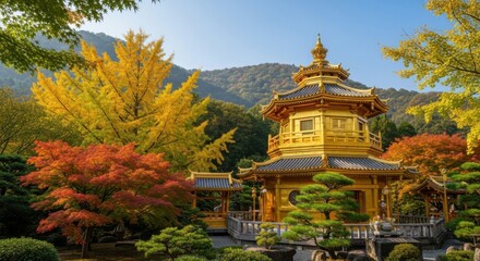 Golden Pavilion Amidst Vibrant Autumn Foliage and Lush Gardens