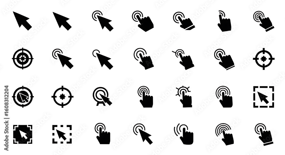 Poster a collection of various cursor and pointer icons in a simple, black and white style.