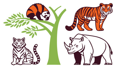 Obraz premium Colorful vector illustration featuring a red panda in a tree, tigers, and a rhino isolated on white