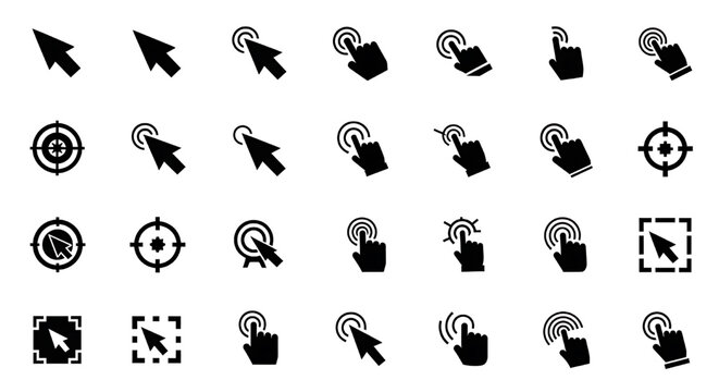 A collection of various cursor and pointer icons in a simple, black and white style.