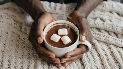 Hands holding cup of hot chocolate with marshmallows