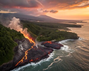 Fototapeta premium Volcanic Island at Sunset with Lava Rivers Flowing into Ocean 