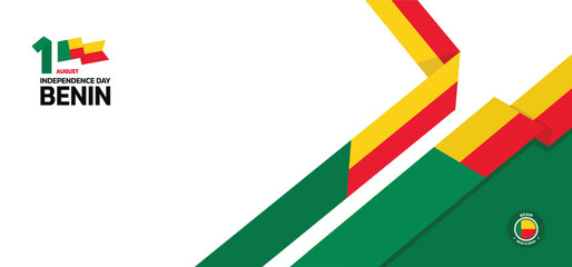 Geometric minimalist Benin Independence Day design, August 1st design element template with waving ribbon flag on the right, Benin map and flag