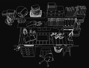 A black and white contour illustration of a school desk set with a chair, computer, books, basket, and shoes. The dark background enhances the organized yet mysterious atmosphere.