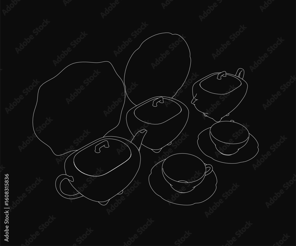 Poster a line drawing of a teapot and cups on a black background creates striking contrast. the symmetrical