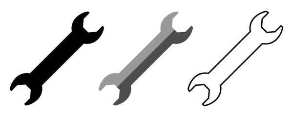 Set of Wrench Tool Icons in Solid, Outline, and Gradient Styles for Repair and Maintenance Design