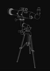 A black and white vector illustration of a telescope on a tripod, featuring clean contour lines and a dark background. The crisp design highlights the telescope's sleek silhouette.