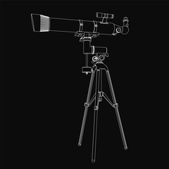 A black and white contour drawing of a telescope mounted on a sturdy tripod stands against a dark background. The detailed sketch highlights clean lines and precise shading.