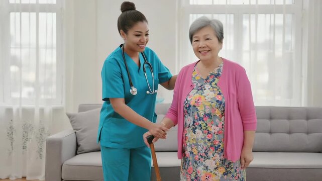 Elderly woman smiling while receiving warm care from nurse at home environment