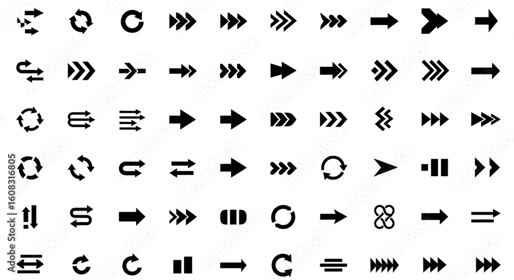 Poster a large collection of simple, black and white arrow icons pointing in various directions for web and