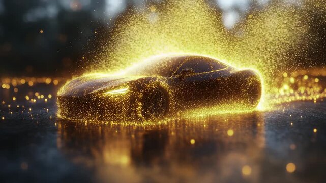 Futuristic Concept Car Golden Particle Effect Animation Revealing Design Details