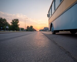 Soft reflections of bus on clean pavement at sunset, Electric school bus