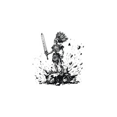 Aztec warrior skeleton standing on a rock holding sword design vector template illustration