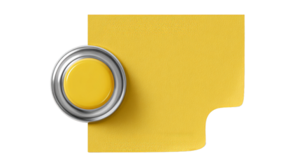 Collection yellow sticker pinned pushbutton with curled corner, ready for your message. Isolated on white background. Front view. Top view. Close up. Set