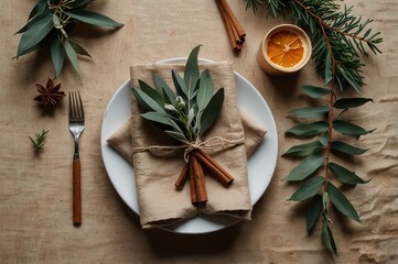 Elegant table setting with linen napkin, cinnamon sticks, greenery, and dried orange on rustic surface.