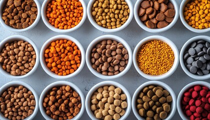 Fototapeta premium Variety of Colorful Pet Food Kibble in Small White Bowls