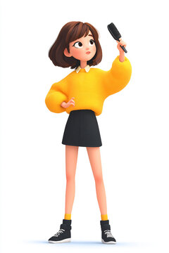 Animated girl pretending to sing with hairbrush as microphone
