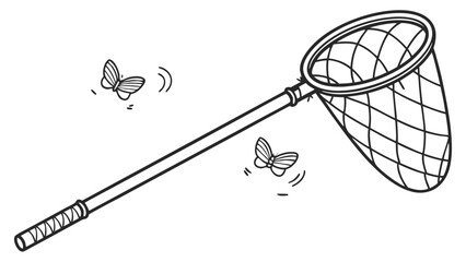Butterfly Net and Two Flying Butterflies Black and White Line Art Illustration. Insect Catching Hobby or Nature Exploration Concept.