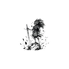 Aztec warrior skeleton standing on a rock holding sword design vector template illustration
