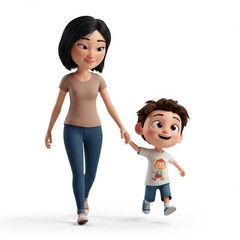 Cheerful Cartoon Mom and Son Walking Hand in Hand