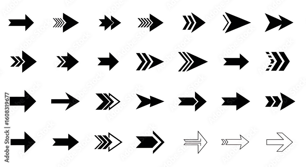 Poster a set of various arrow icons in a simple, black and white style for user interface design.