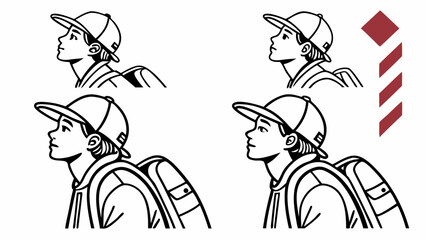 Obraz premium Youthful Student or Traveler Looking Up Line Art Illustration Set. Black and White Drawing of a Boy with Backpack Gaze Upwards.