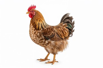Fototapeta premium Brown and golden rooster stands proudly on a white background. Its vibrant plumage shines in the light.