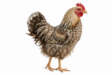 Fototapeta premium Majestic rooster with vibrant plumage, standing proudly against a clean white background. Farm fresh!