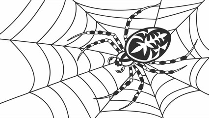 Ornate Spider on Intricate Web - Black and White Line Art Illustration for Spooky or Nature Concepts