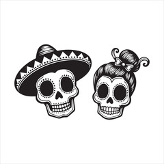Traditional Skull Characters with Sombrero and Hair Bun,Simple Black and White Dia de los Muertos Skull Design,Male and Female Sugar Skull Icons in Mexican Style,Flat Vector Skull Couple for Cultural 