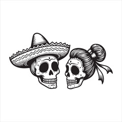Traditional Skull Characters with Sombrero and Hair Bun,Simple Black and White Dia de los Muertos Skull Design,Male and Female Sugar Skull Icons in Mexican Style,Flat Vector Skull Couple for Cultural 