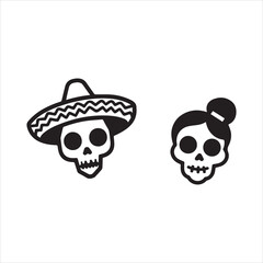 Traditional Skull Characters with Sombrero and Hair Bun,Simple Black and White Dia de los Muertos Skull Design,Male and Female Sugar Skull Icons in Mexican Style,Flat Vector Skull Couple for Cultural 