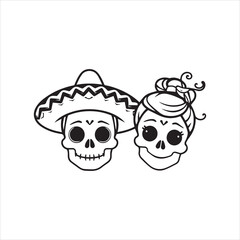 Traditional Skull Characters with Sombrero and Hair Bun,Simple Black and White Dia de los Muertos Skull Design,Male and Female Sugar Skull Icons in Mexican Style,Flat Vector Skull Couple for Cultural 