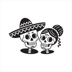Traditional Skull Characters with Sombrero and Hair Bun,Simple Black and White Dia de los Muertos Skull Design,Male and Female Sugar Skull Icons in Mexican Style,Flat Vector Skull Couple for Cultural 