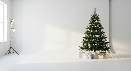 Studio Christmas Tree Photography Minimalist White Background, Elegant Decor, Festive Season