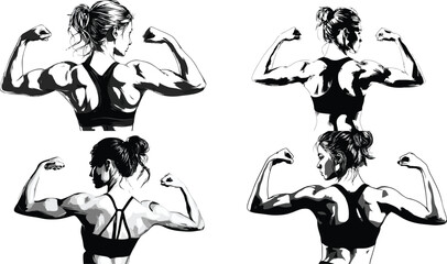 Fototapeta premium Woman flexing muscles in black and white art eps