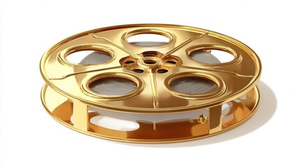 Gold-plated movie film reel on white background