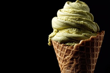 A close-up of a waffle cone filled with a generous swirl of light green ice cream against a dark background