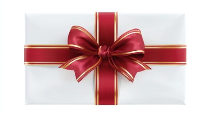 White gift wrapped with red ribbon and bow with gold trim, isolated on white