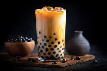 Tall glass of brown sugar boba tea with ice on wooden board against dark background