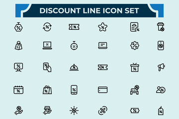 Discount icon set in linear style. and  Contains such symbols as bonus, discount, shopping, promotion, sale, payment, coupon,gift, box, pay Editable stroke. Vector illustration.