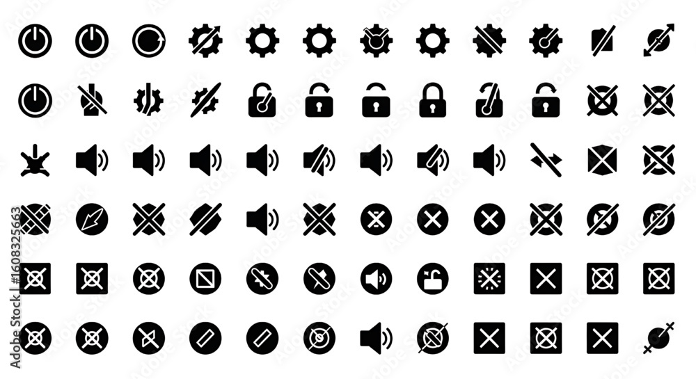 Poster a collection of various circular icons with different black and white patterns and symbols.