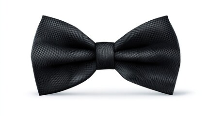 A close-up shot of a black, textured bow tie against a pure white backdrop, casting a soft shadow