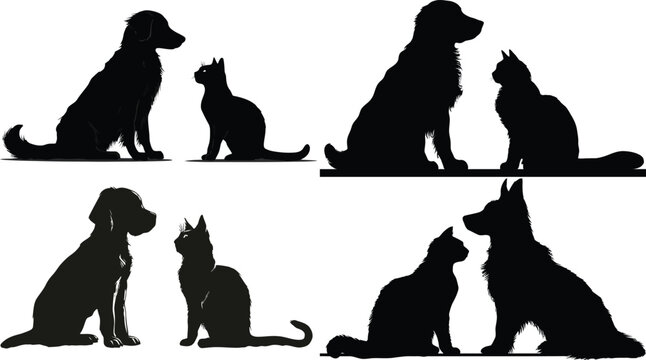 Silhouetted dog and cat sit together calmly eps