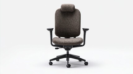 A brown fabric office chair with a high back, headrest, adjustable arms, and a black base with five casters, shown against a white background